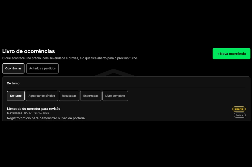 Lista de ocorrências do condomínio com registros fictícios